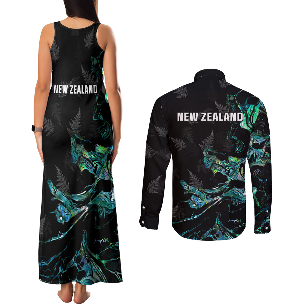 New Zealand Marathon Couples Matching Tank Maxi Dress and Long Sleeve Button Shirt Silver Fern Paua Shell Simple Style LT05 - Polynesian Pride