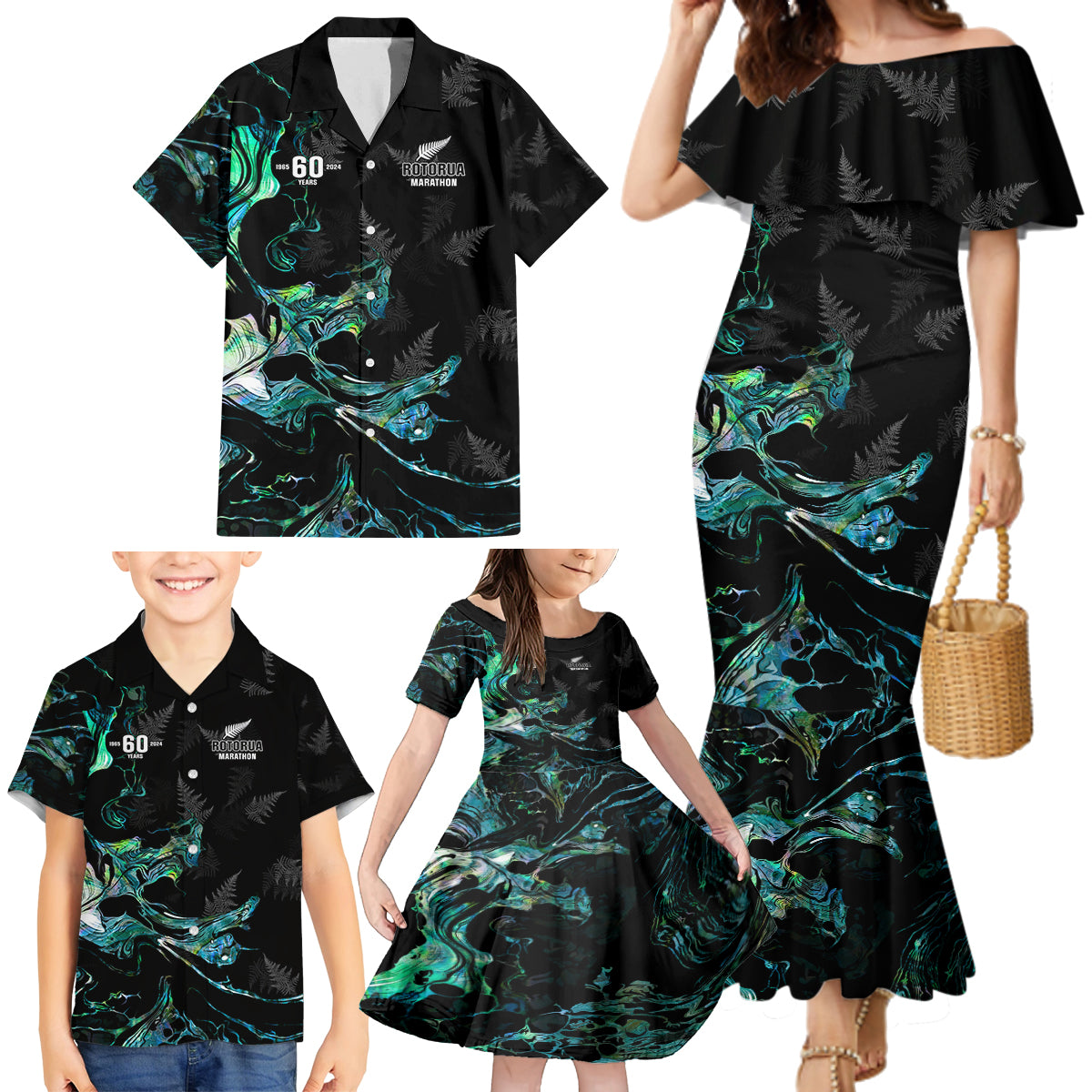 New Zealand Marathon Family Matching Mermaid Dress and Hawaiian Shirt Silver Fern Paua Shell Simple Style LT05 - Polynesian Pride