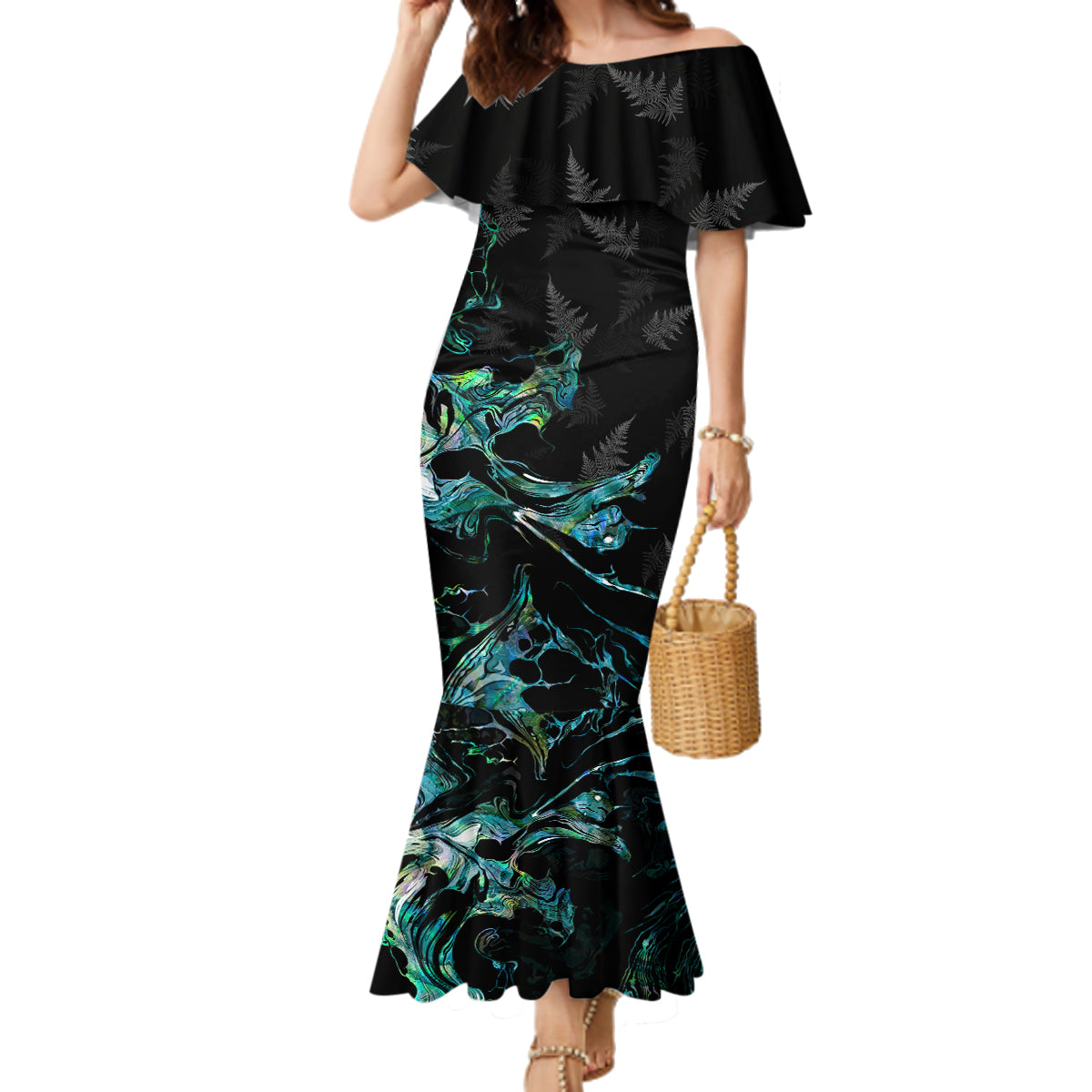 New Zealand Marathon Family Matching Mermaid Dress and Hawaiian Shirt Silver Fern Paua Shell Simple Style LT05 Mom's Dress Black - Polynesian Pride