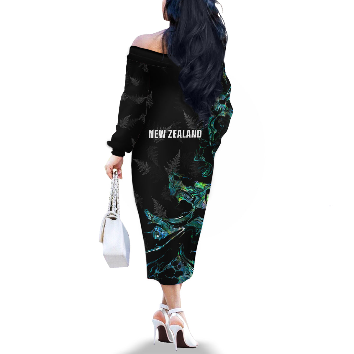 New Zealand Marathon Family Matching Off The Shoulder Long Sleeve Dress and Hawaiian Shirt Silver Fern Paua Shell Simple Style LT05 - Polynesian Pride