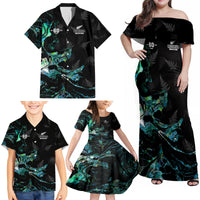 New Zealand Marathon Family Matching Off Shoulder Maxi Dress and Hawaiian Shirt Silver Fern Paua Shell Simple Style LT05 - Polynesian Pride