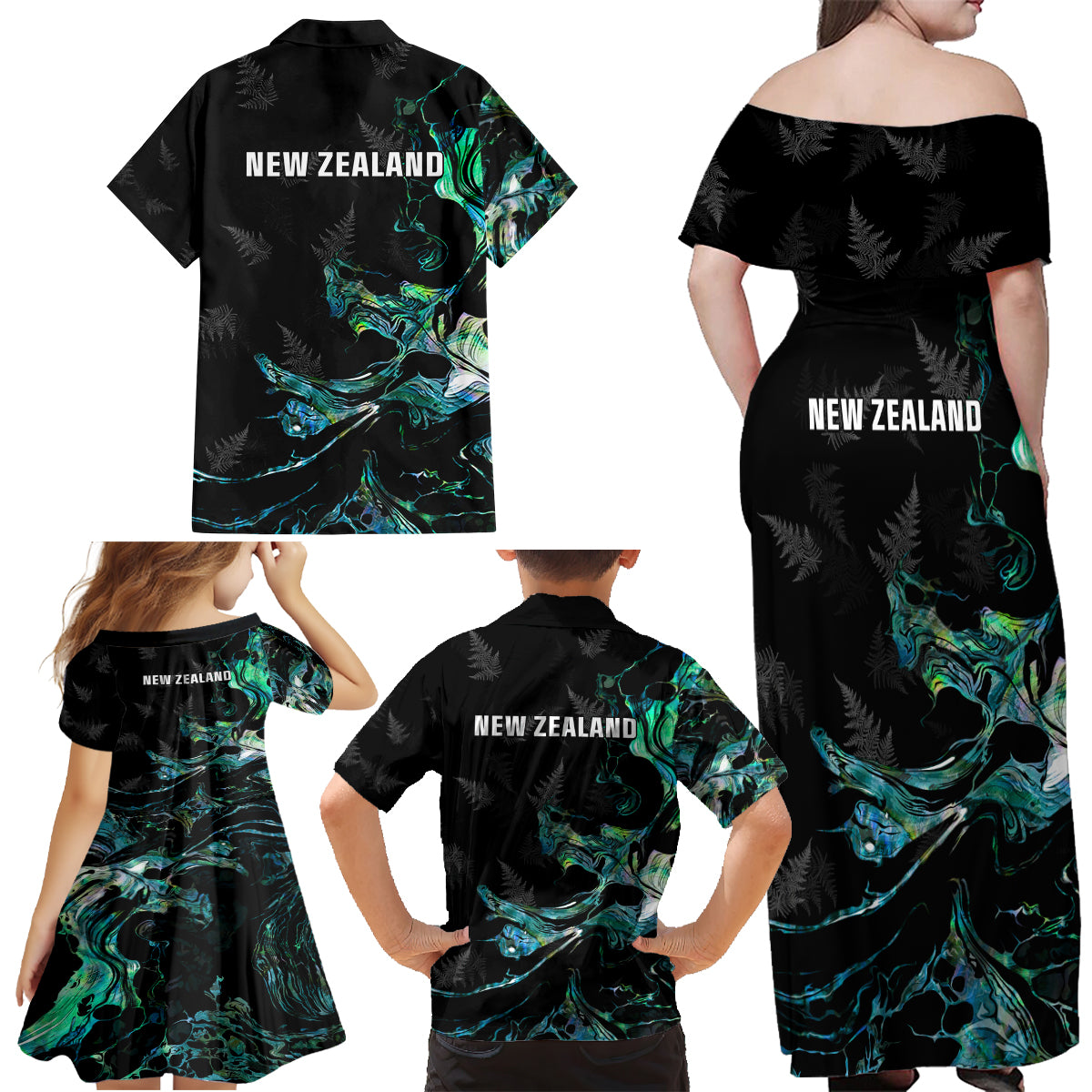 New Zealand Marathon Family Matching Off Shoulder Maxi Dress and Hawaiian Shirt Silver Fern Paua Shell Simple Style LT05 - Polynesian Pride
