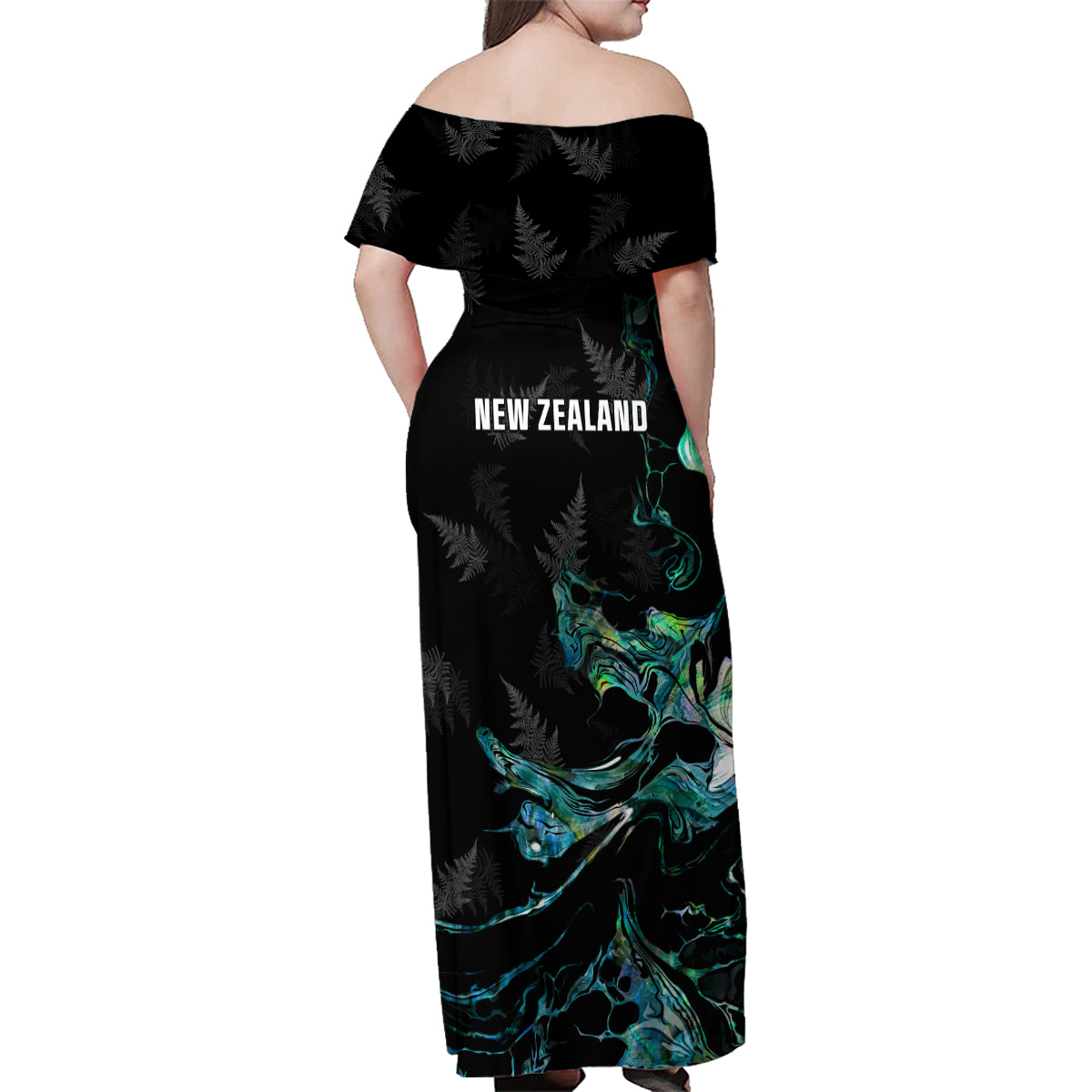 New Zealand Marathon Family Matching Off Shoulder Maxi Dress and Hawaiian Shirt Silver Fern Paua Shell Simple Style LT05 - Polynesian Pride