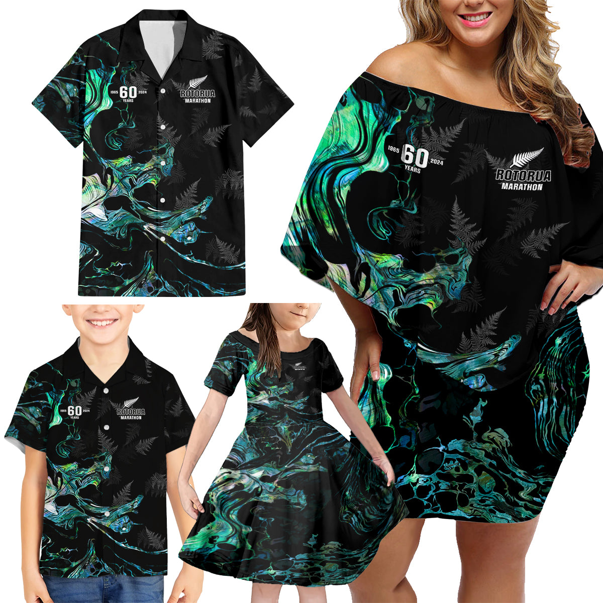 New Zealand Marathon Family Matching Off Shoulder Short Dress and Hawaiian Shirt Silver Fern Paua Shell Simple Style LT05 - Polynesian Pride