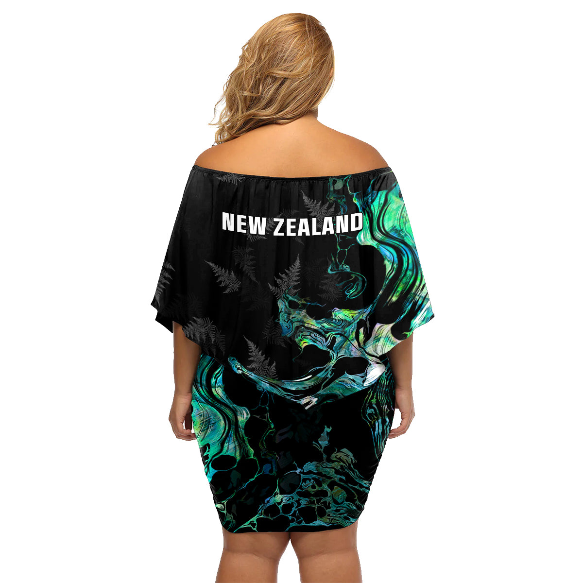 New Zealand Marathon Family Matching Off Shoulder Short Dress and Hawaiian Shirt Silver Fern Paua Shell Simple Style LT05 - Polynesian Pride
