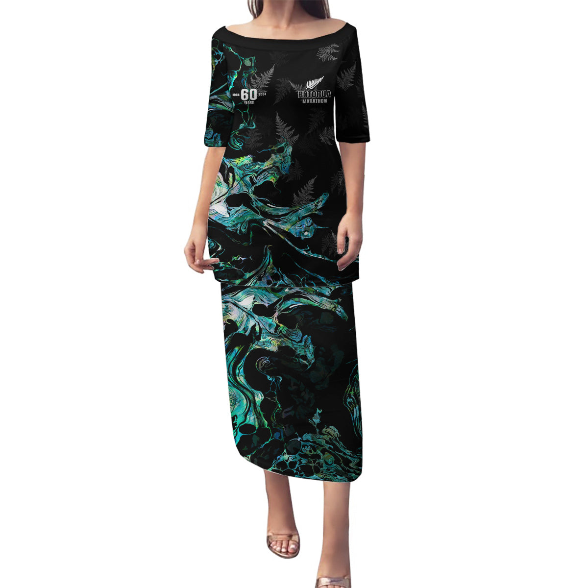 New Zealand Marathon Family Matching Puletasi and Hawaiian Shirt Silver Fern Paua Shell Simple Style LT05 Mom's Dress Black - Polynesian Pride