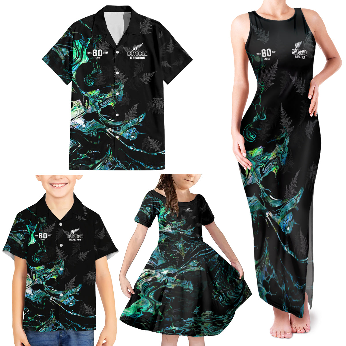 New Zealand Marathon Family Matching Tank Maxi Dress and Hawaiian Shirt Silver Fern Paua Shell Simple Style LT05 - Polynesian Pride