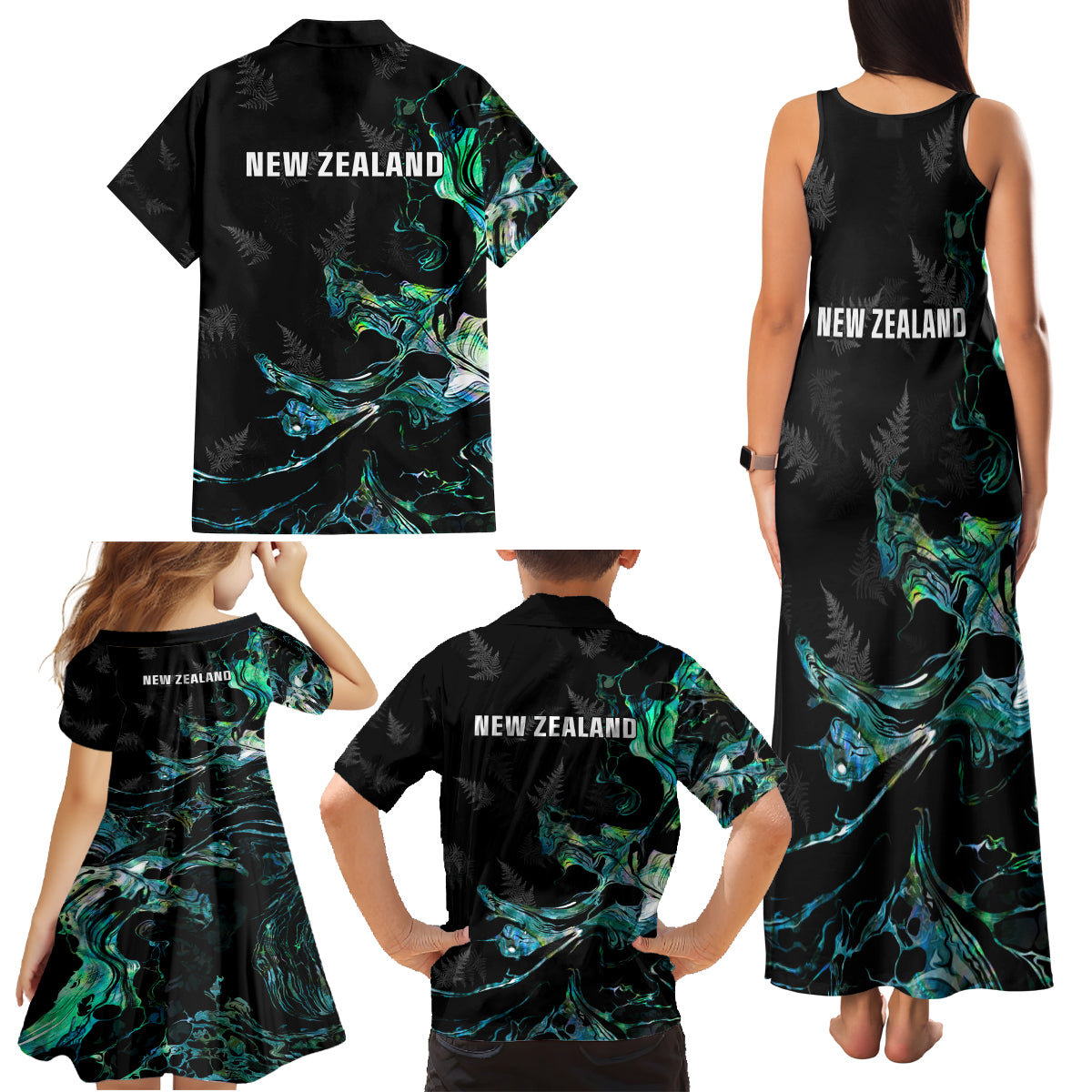 New Zealand Marathon Family Matching Tank Maxi Dress and Hawaiian Shirt Silver Fern Paua Shell Simple Style LT05 - Polynesian Pride