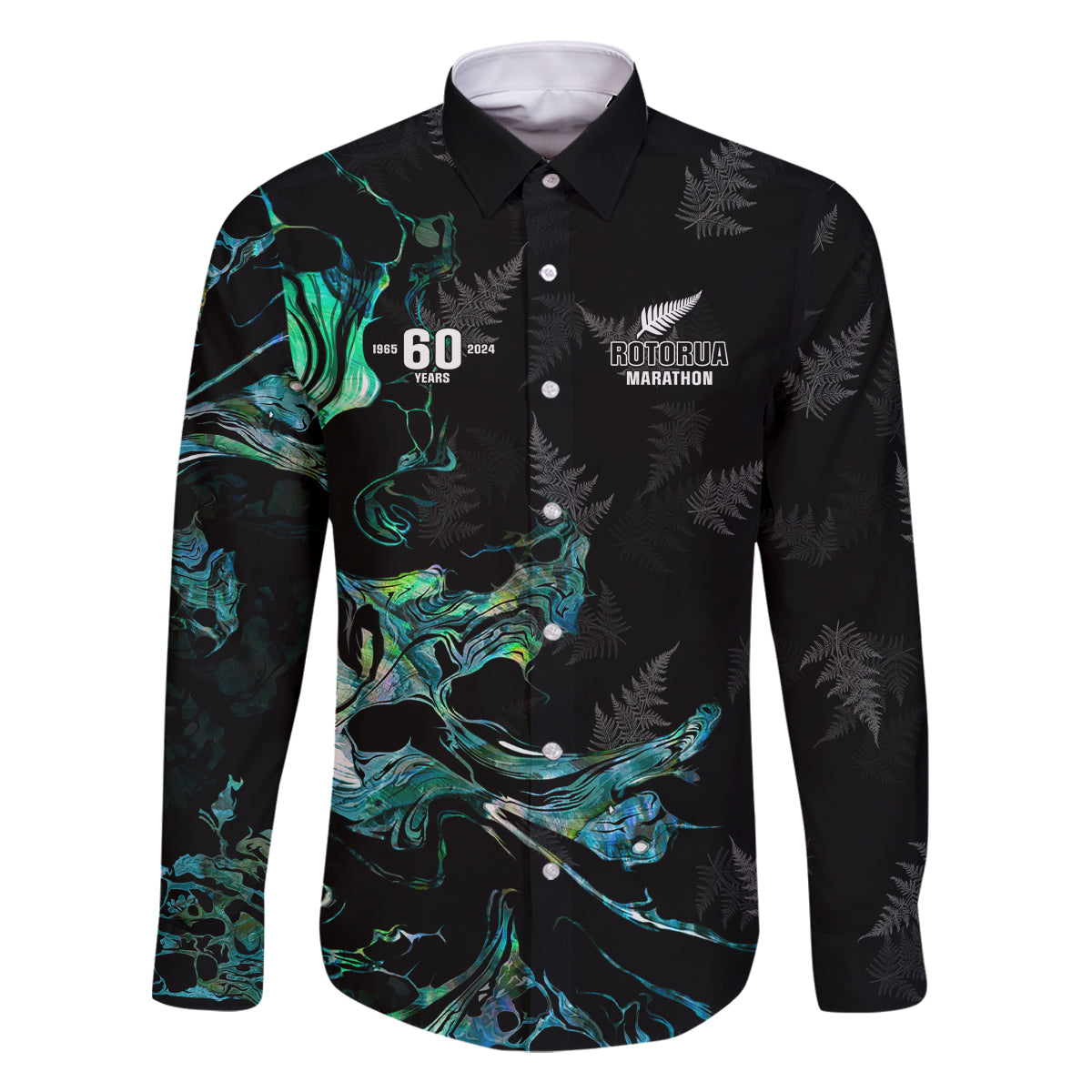 New Zealand Marathon Family Matching Tank Maxi Dress and Hawaiian Shirt Silver Fern Paua Shell Simple Style LT05 Dad's Shirt - Long Sleeve Black - Polynesian Pride