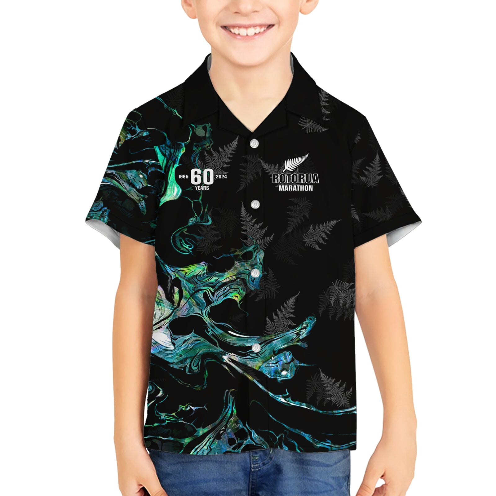 New Zealand Marathon Kid Hawaiian Shirt Silver Fern Paua Shell Simple Style LT05 Kid Black - Polynesian Pride