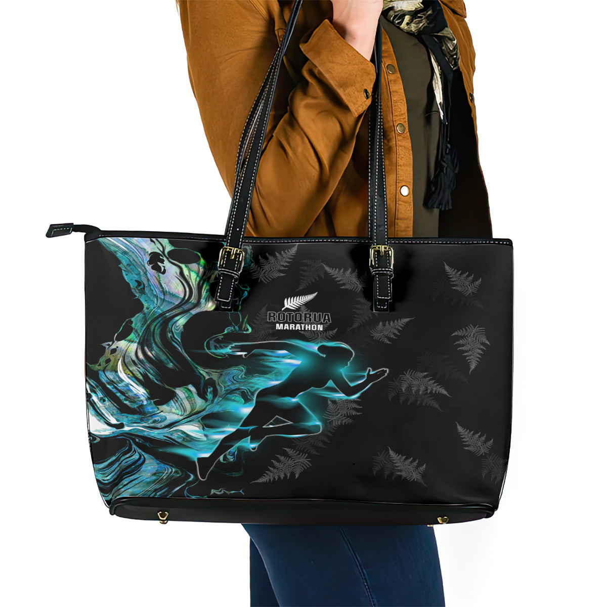 New Zealand Marathon Leather Tote Bag Silver Fern Paua Shell Simple Style