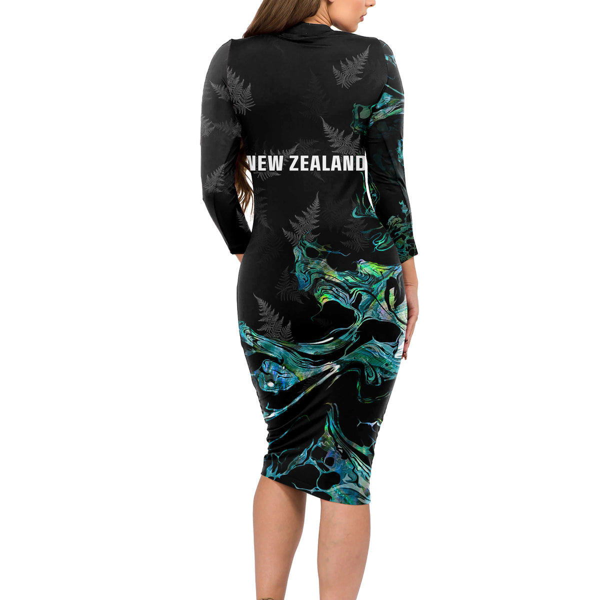 New Zealand Marathon Long Sleeve Bodycon Dress Silver Fern Paua Shell Simple Style LT05 - Polynesian Pride