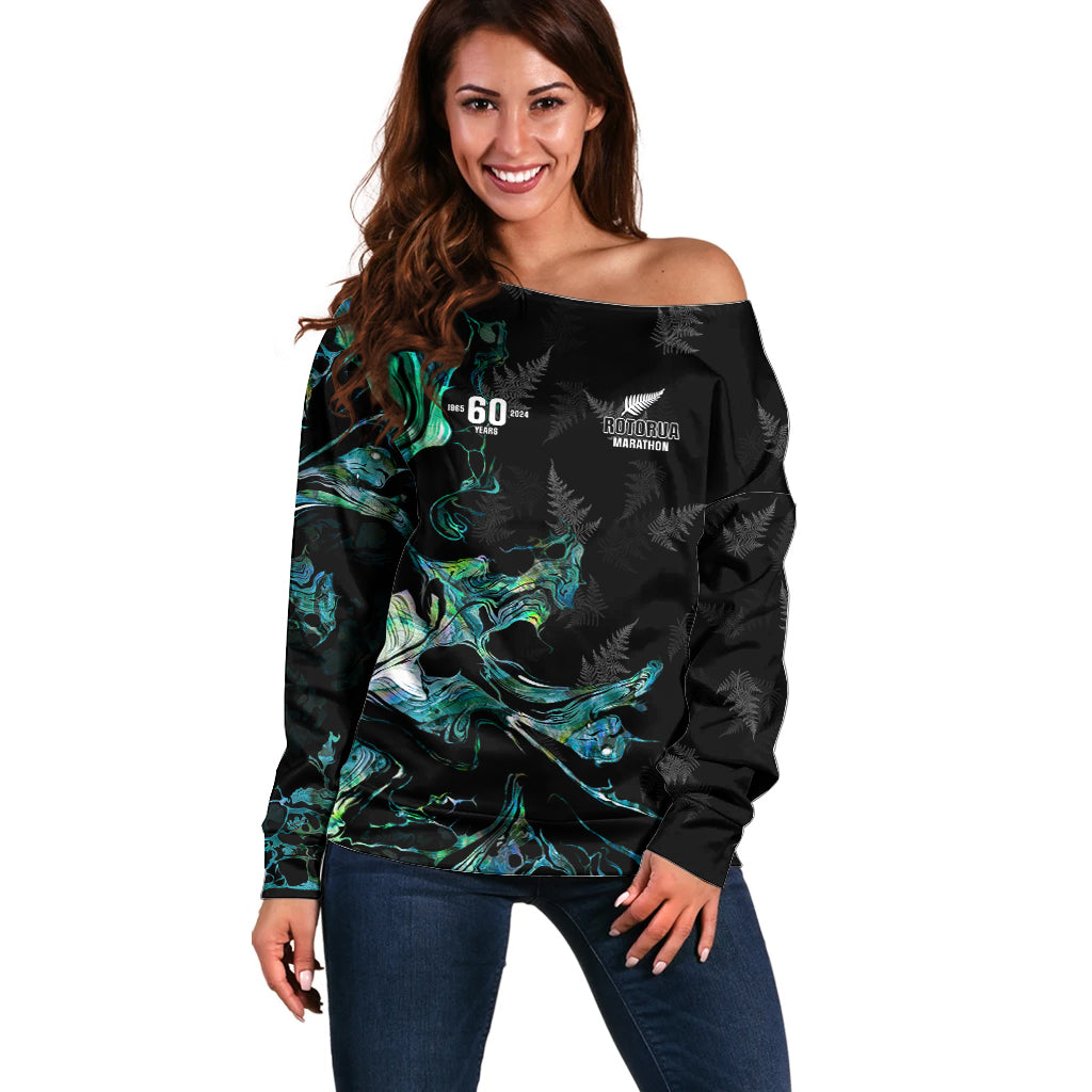 New Zealand Marathon Off Shoulder Sweater Silver Fern Paua Shell Simple Style LT05 Women Black - Polynesian Pride