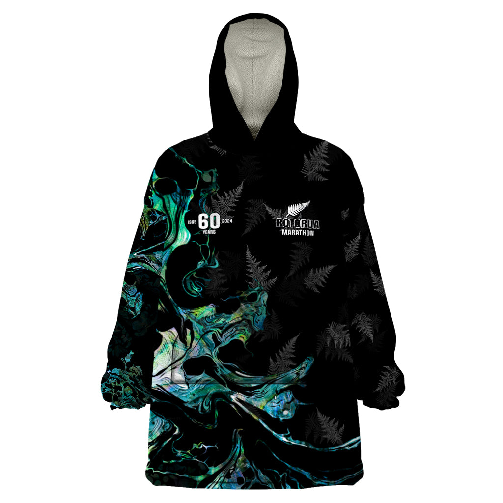 New Zealand Marathon Wearable Blanket Hoodie Silver Fern Paua Shell Simple Style LT05 One Size Black - Polynesian Pride