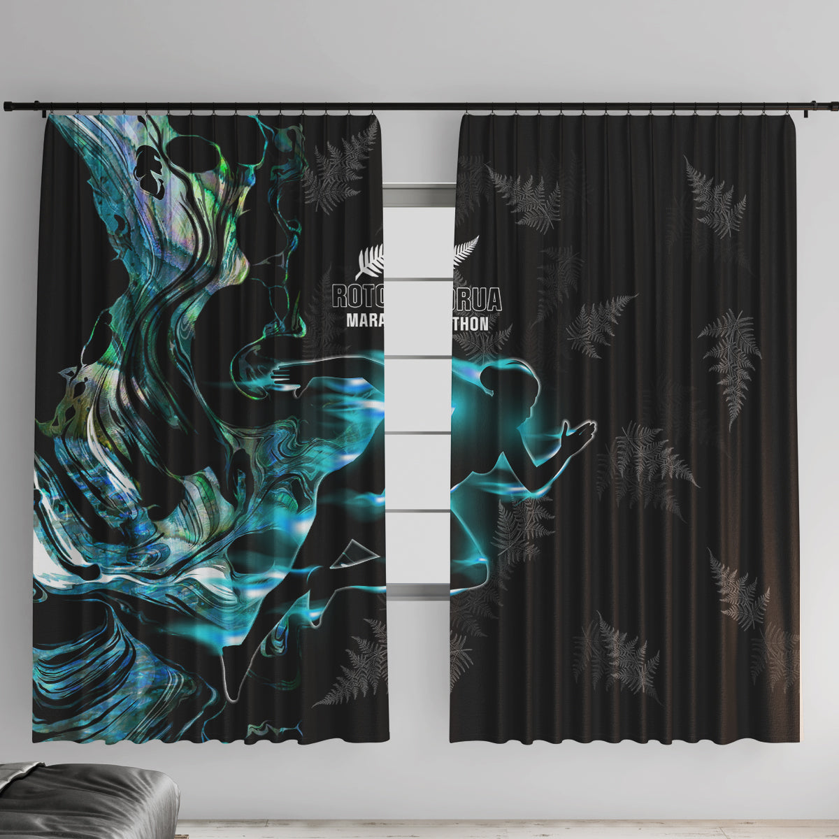 New Zealand Marathon Window Curtain Silver Fern Paua Shell Simple Style LT05 With Hooks Black - Polynesian Pride