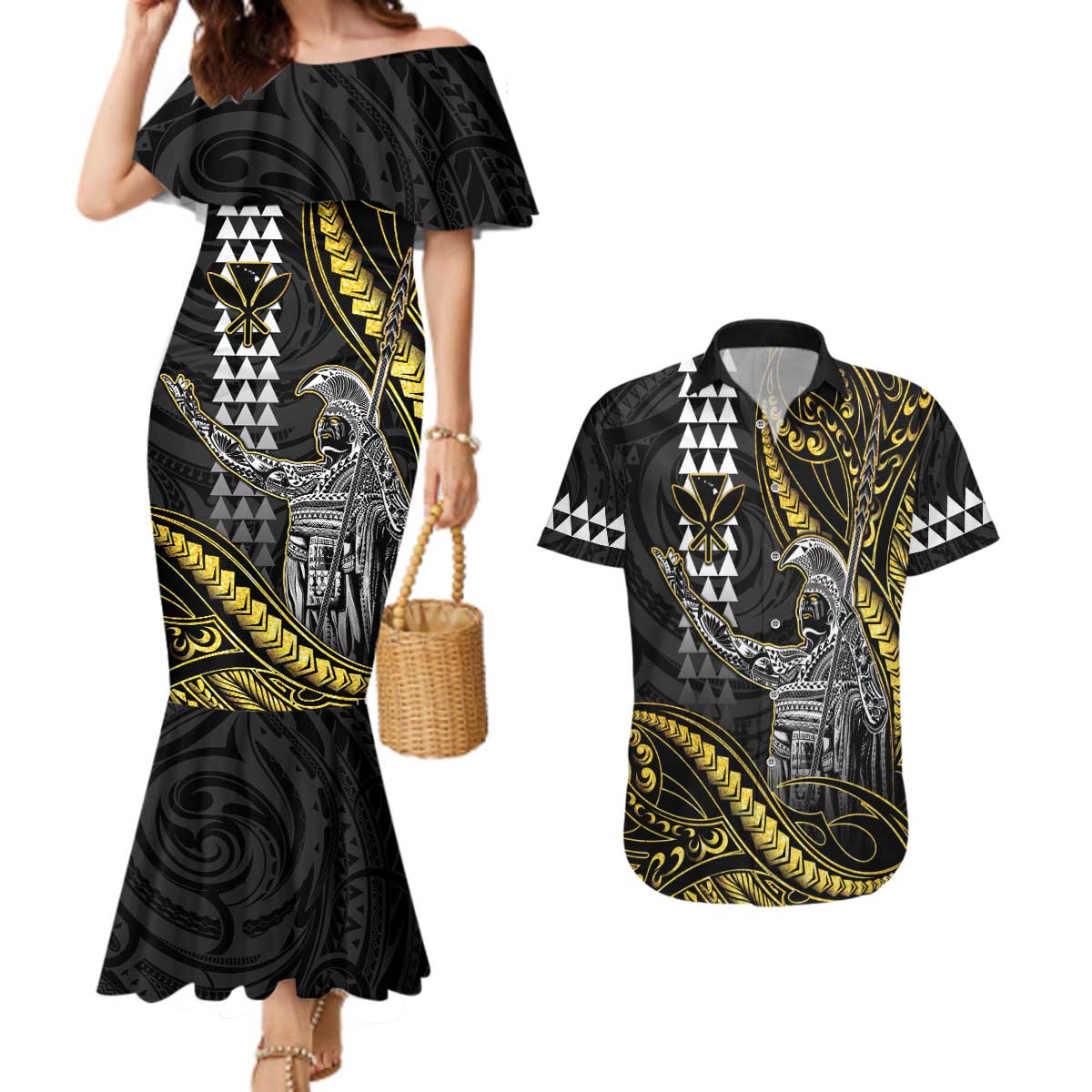 Hawaii King Kamehameha The Great Couples Matching Mermaid Dress and Hawaiian Shirt Gold Tribal Tattoo LT05 Gold - Polynesian Pride