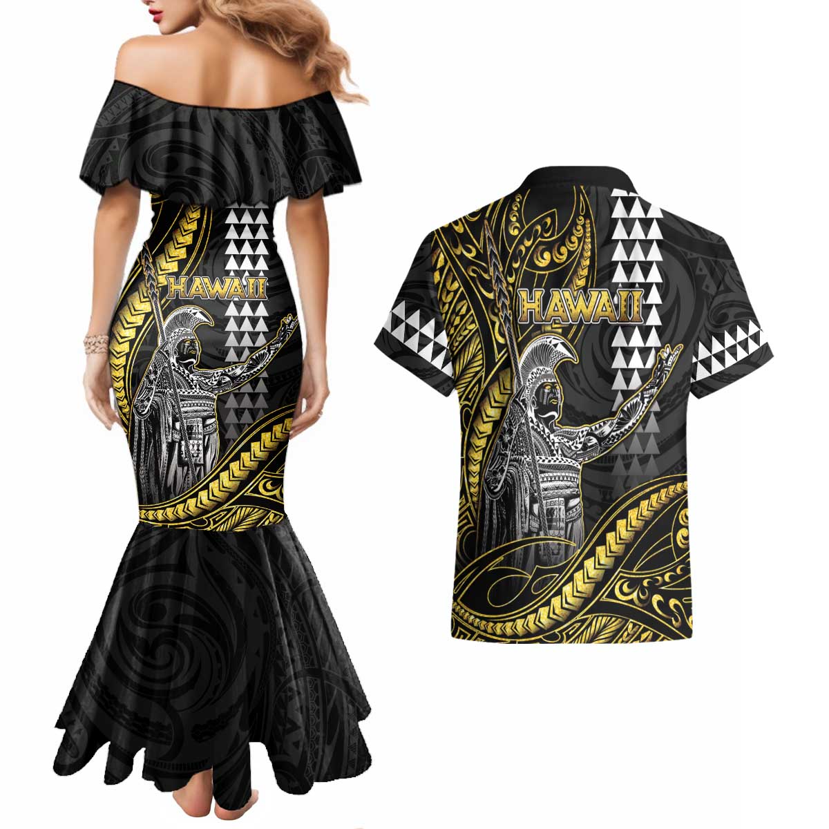 Hawaii King Kamehameha The Great Couples Matching Mermaid Dress and Hawaiian Shirt Gold Tribal Tattoo LT05 - Polynesian Pride