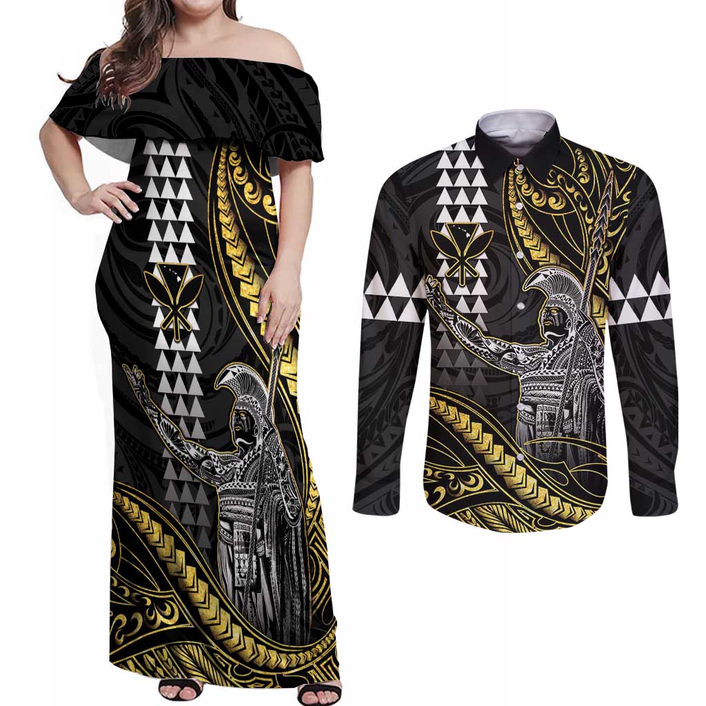 Hawaii King Kamehameha The Great Couples Matching Off Shoulder Maxi Dress and Long Sleeve Button Shirt Gold Tribal Tattoo LT05 Gold - Polynesian Pride