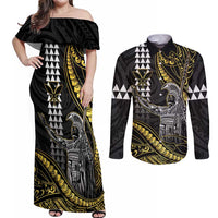Hawaii King Kamehameha The Great Couples Matching Off Shoulder Maxi Dress and Long Sleeve Button Shirt Gold Tribal Tattoo LT05 Gold - Polynesian Pride