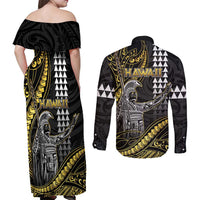 Hawaii King Kamehameha The Great Couples Matching Off Shoulder Maxi Dress and Long Sleeve Button Shirt Gold Tribal Tattoo LT05 - Polynesian Pride