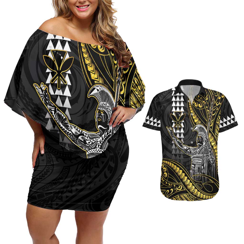 Hawaii King Kamehameha The Great Couples Matching Off Shoulder Short Dress and Hawaiian Shirt Gold Tribal Tattoo LT05 Gold - Polynesian Pride