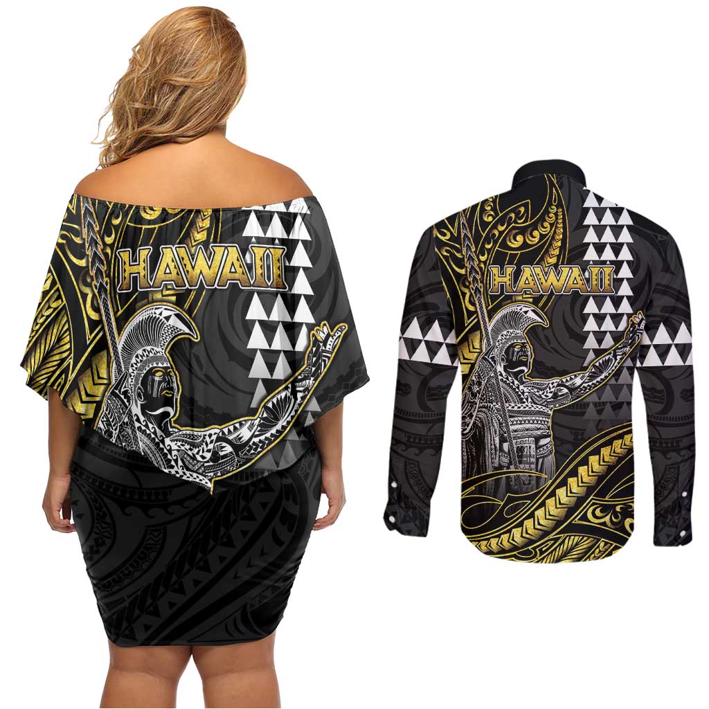 Hawaii King Kamehameha The Great Couples Matching Off Shoulder Short Dress and Long Sleeve Button Shirt Gold Tribal Tattoo LT05 - Polynesian Pride