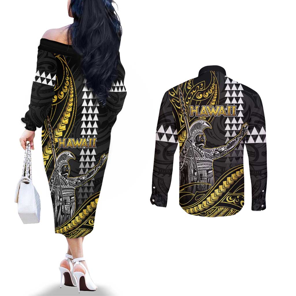 Hawaii King Kamehameha The Great Couples Matching Off The Shoulder Long Sleeve Dress and Long Sleeve Button Shirt Gold Tribal Tattoo LT05 - Polynesian Pride