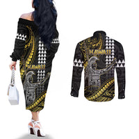 Hawaii King Kamehameha The Great Couples Matching Off The Shoulder Long Sleeve Dress and Long Sleeve Button Shirt Gold Tribal Tattoo LT05 - Polynesian Pride