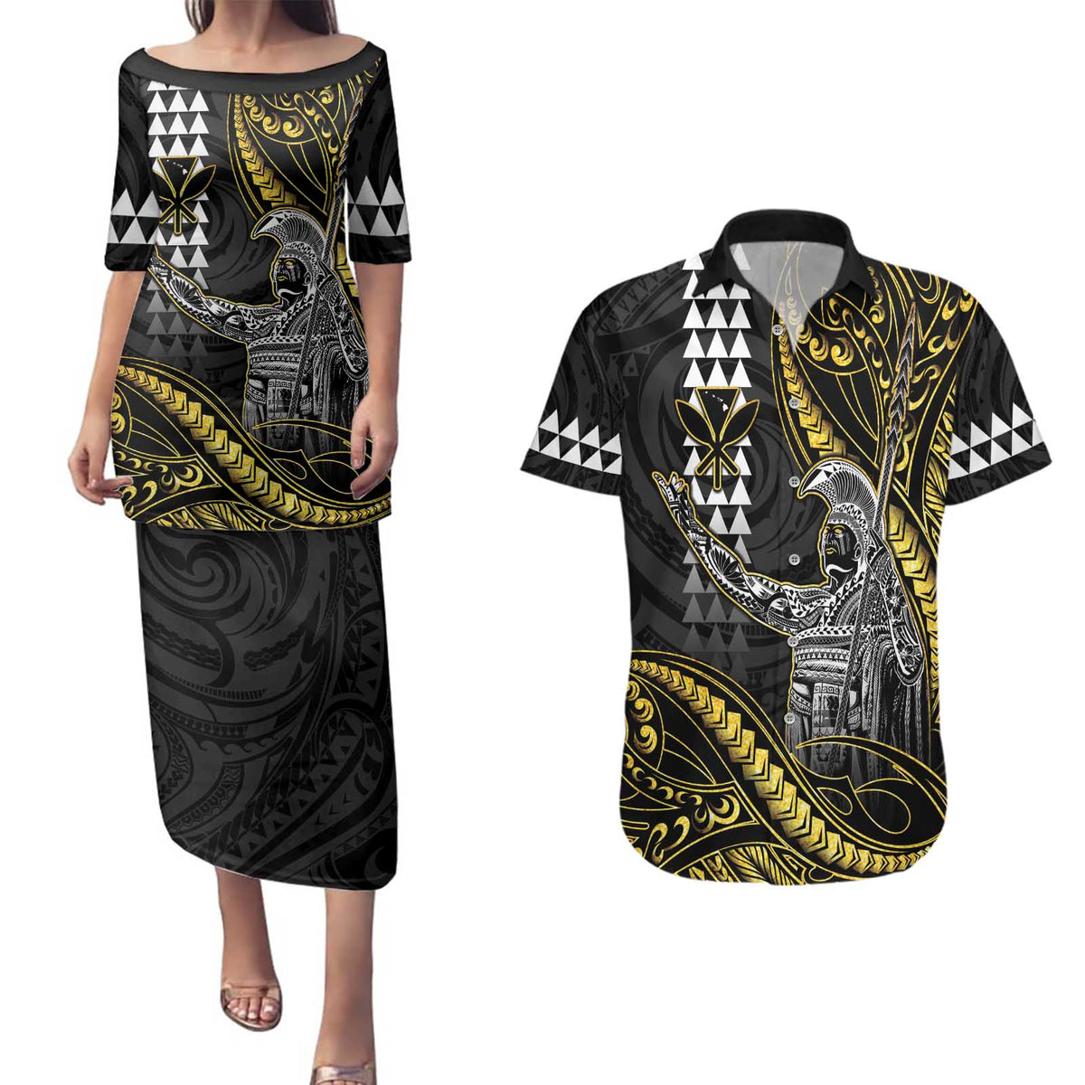 Hawaii King Kamehameha The Great Couples Matching Puletasi and Hawaiian Shirt Gold Tribal Tattoo LT05 Gold - Polynesian Pride