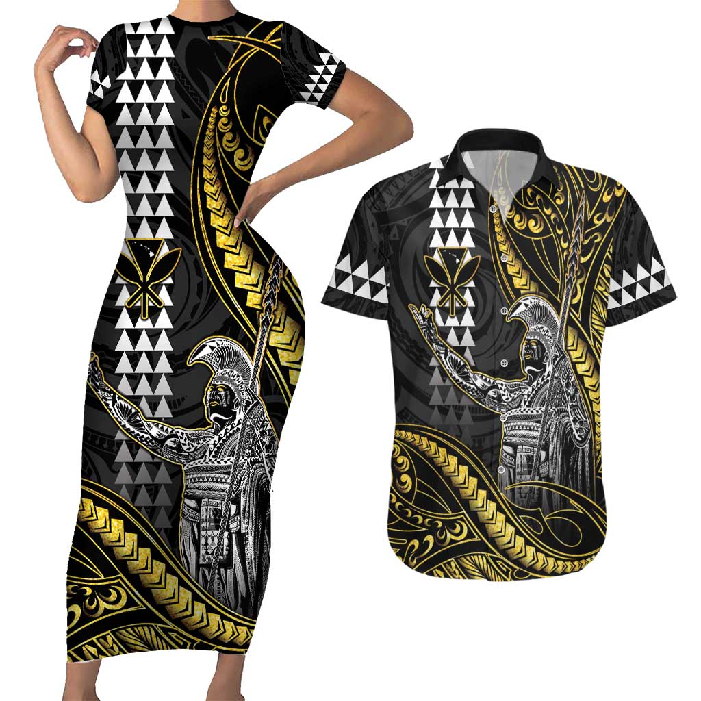 Hawaii King Kamehameha The Great Couples Matching Short Sleeve Bodycon Dress and Hawaiian Shirt Gold Tribal Tattoo LT05 Gold - Polynesian Pride