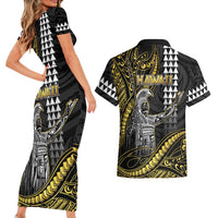 Hawaii King Kamehameha The Great Couples Matching Short Sleeve Bodycon Dress and Hawaiian Shirt Gold Tribal Tattoo LT05 - Polynesian Pride