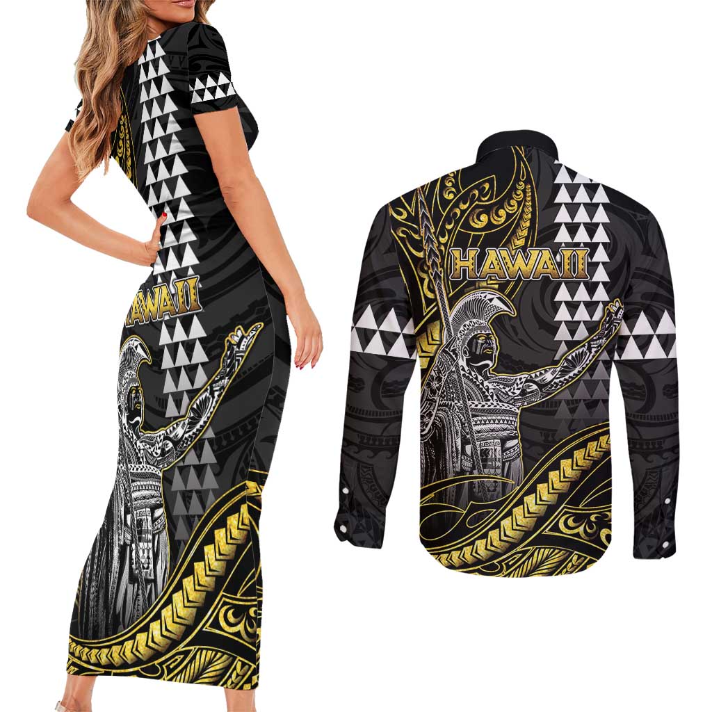 Hawaii King Kamehameha The Great Couples Matching Short Sleeve Bodycon Dress and Long Sleeve Button Shirt Gold Tribal Tattoo LT05 - Polynesian Pride