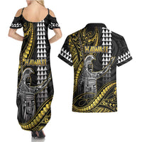 Hawaii King Kamehameha The Great Couples Matching Summer Maxi Dress and Hawaiian Shirt Gold Tribal Tattoo LT05 - Polynesian Pride