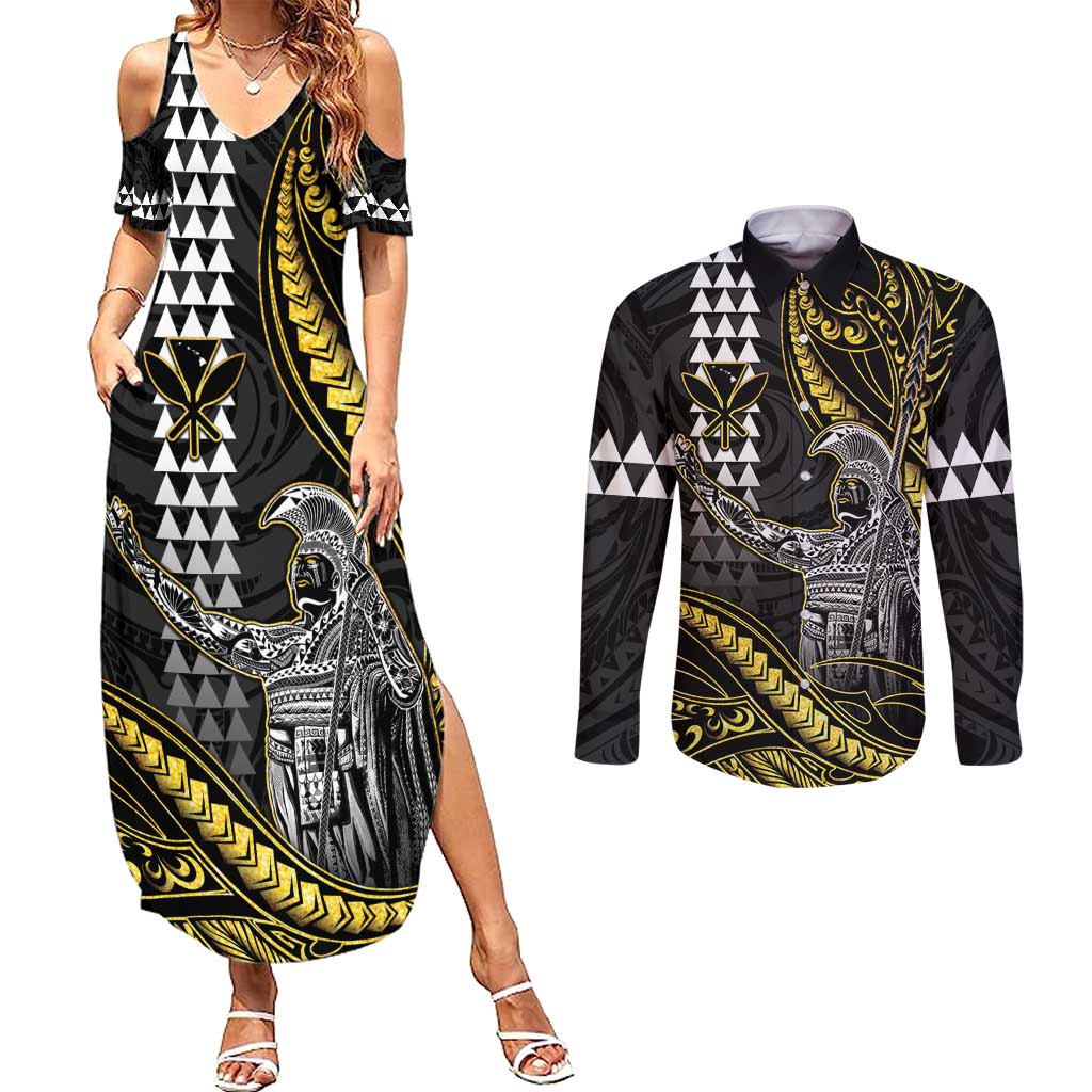 Hawaii King Kamehameha The Great Couples Matching Summer Maxi Dress and Long Sleeve Button Shirt Gold Tribal Tattoo LT05 Gold - Polynesian Pride