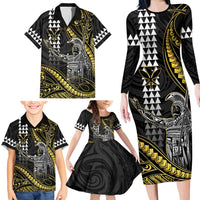 Hawaii King Kamehameha The Great Family Matching Long Sleeve Bodycon Dress and Hawaiian Shirt Gold Tribal Tattoo LT05 - Polynesian Pride
