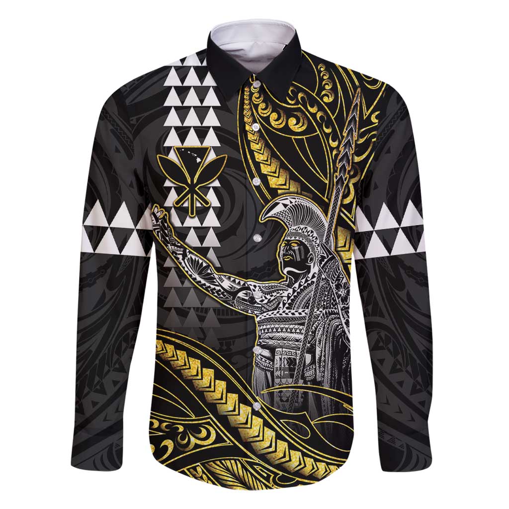Hawaii King Kamehameha The Great Family Matching Long Sleeve Bodycon Dress and Hawaiian Shirt Gold Tribal Tattoo LT05 Dad's Shirt - Long Sleeve Gold - Polynesian Pride
