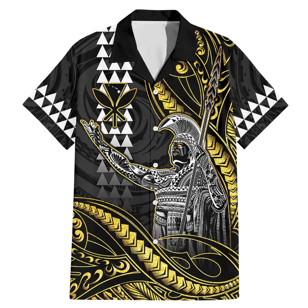 Hawaii King Kamehameha The Great Family Matching Mermaid Dress and Hawaiian Shirt Gold Tribal Tattoo LT05 Dad's Shirt - Short Sleeve Gold - Polynesian Pride