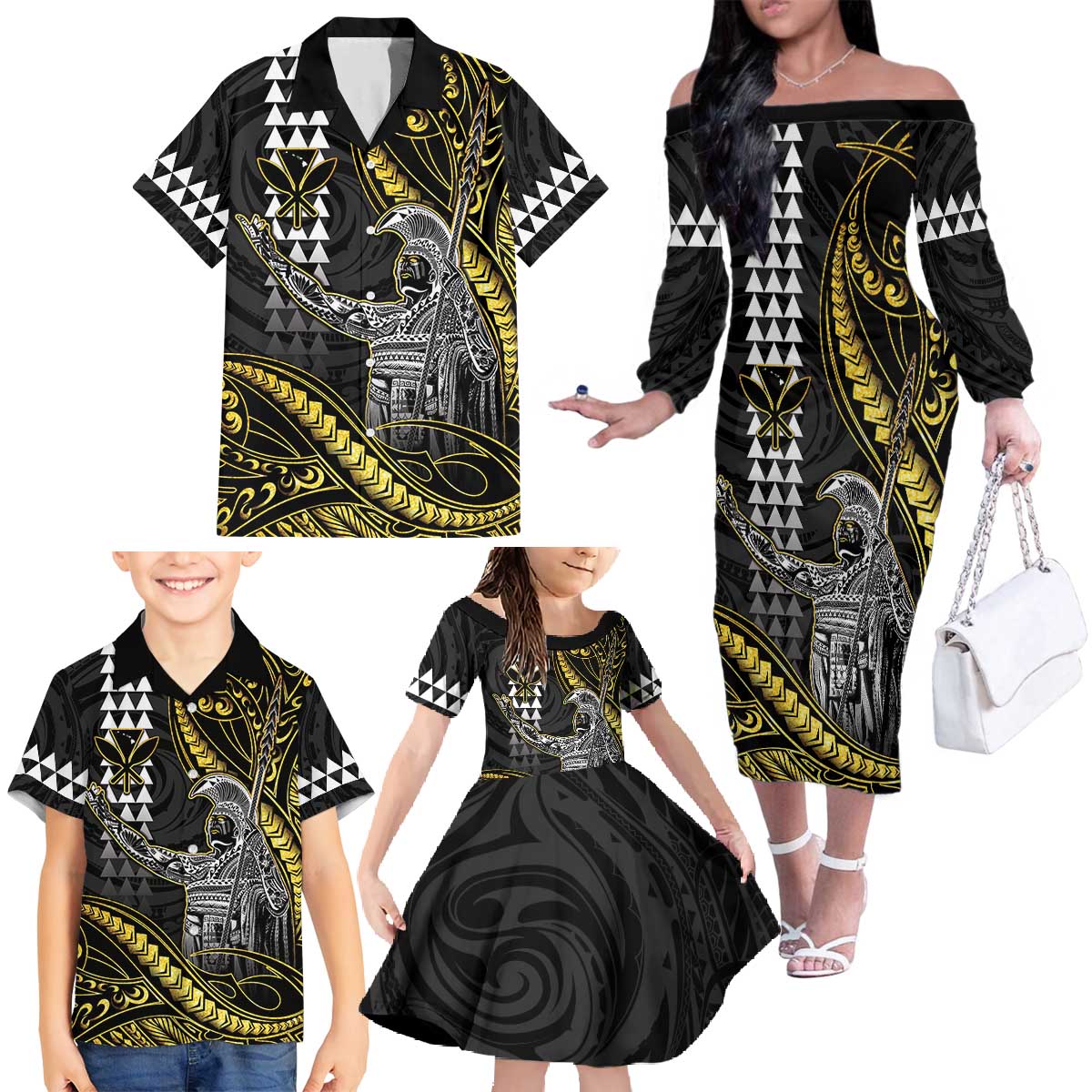 Hawaii King Kamehameha The Great Family Matching Off The Shoulder Long Sleeve Dress and Hawaiian Shirt Gold Tribal Tattoo LT05 - Polynesian Pride