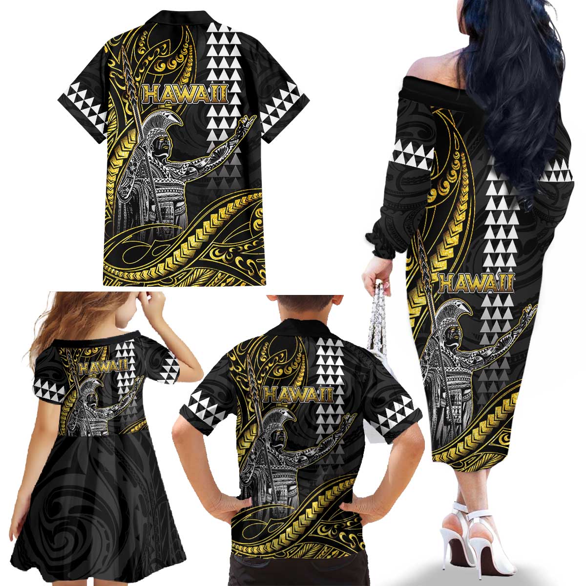 Hawaii King Kamehameha The Great Family Matching Off The Shoulder Long Sleeve Dress and Hawaiian Shirt Gold Tribal Tattoo LT05 - Polynesian Pride