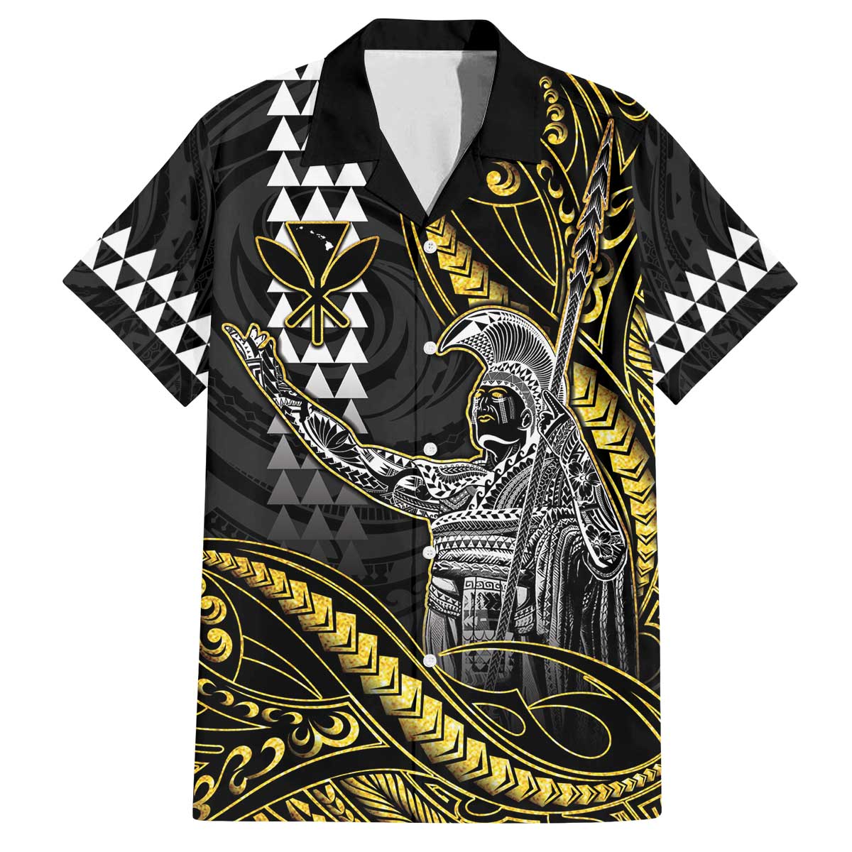 Hawaii King Kamehameha The Great Family Matching Off The Shoulder Long Sleeve Dress and Hawaiian Shirt Gold Tribal Tattoo LT05 Dad's Shirt - Short Sleeve Gold - Polynesian Pride