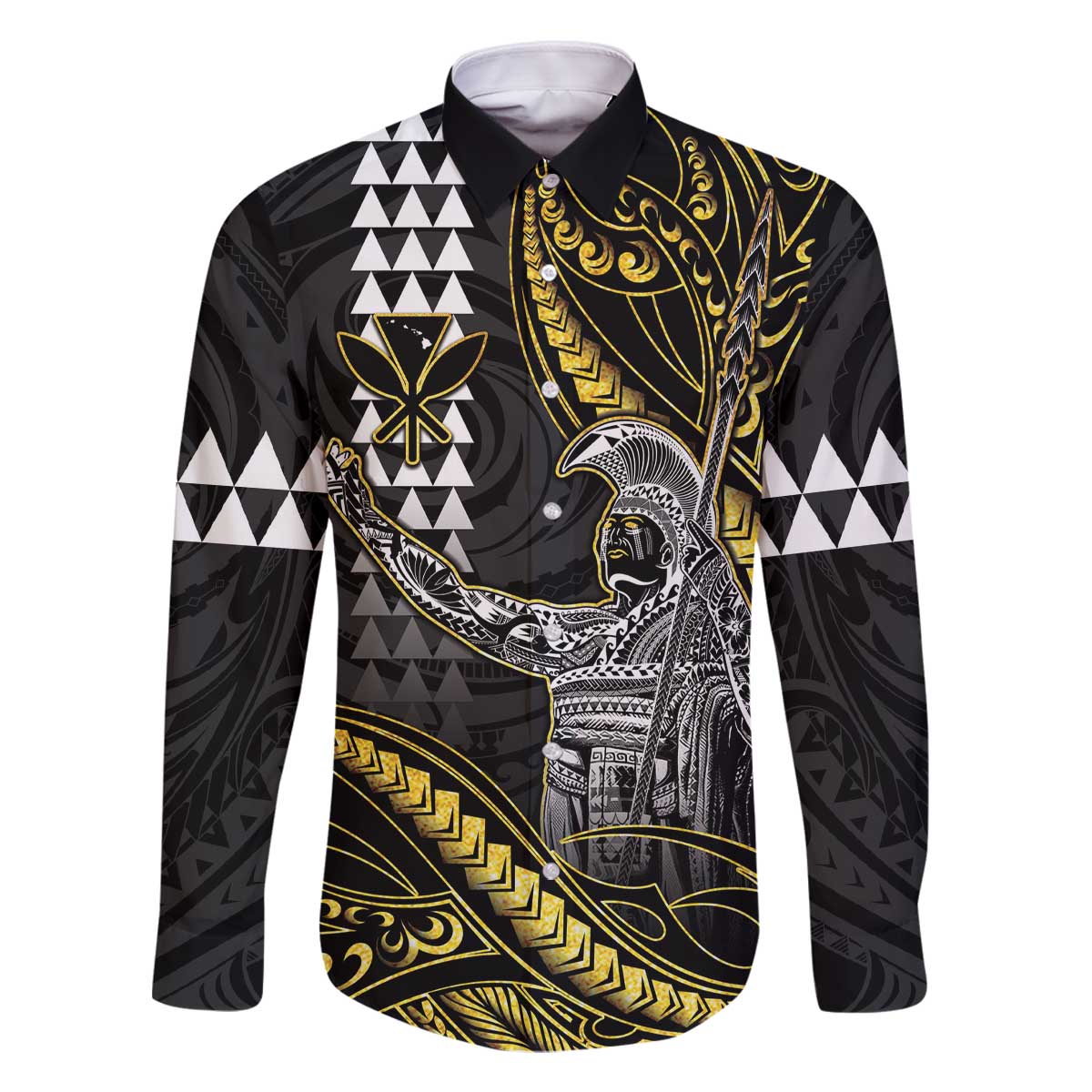 Hawaii King Kamehameha The Great Family Matching Off The Shoulder Long Sleeve Dress and Hawaiian Shirt Gold Tribal Tattoo LT05 Dad's Shirt - Long Sleeve Gold - Polynesian Pride