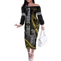 Hawaii King Kamehameha The Great Family Matching Off The Shoulder Long Sleeve Dress and Hawaiian Shirt Gold Tribal Tattoo LT05 Mom's Dress Gold - Polynesian Pride