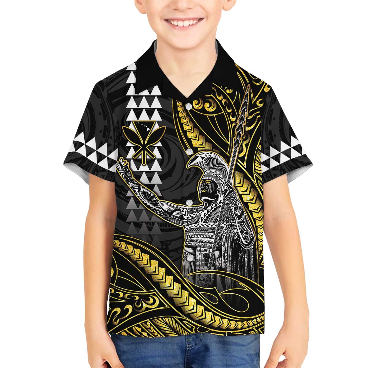 Hawaii King Kamehameha The Great Family Matching Off The Shoulder Long Sleeve Dress and Hawaiian Shirt Gold Tribal Tattoo LT05 Son's Shirt Gold - Polynesian Pride