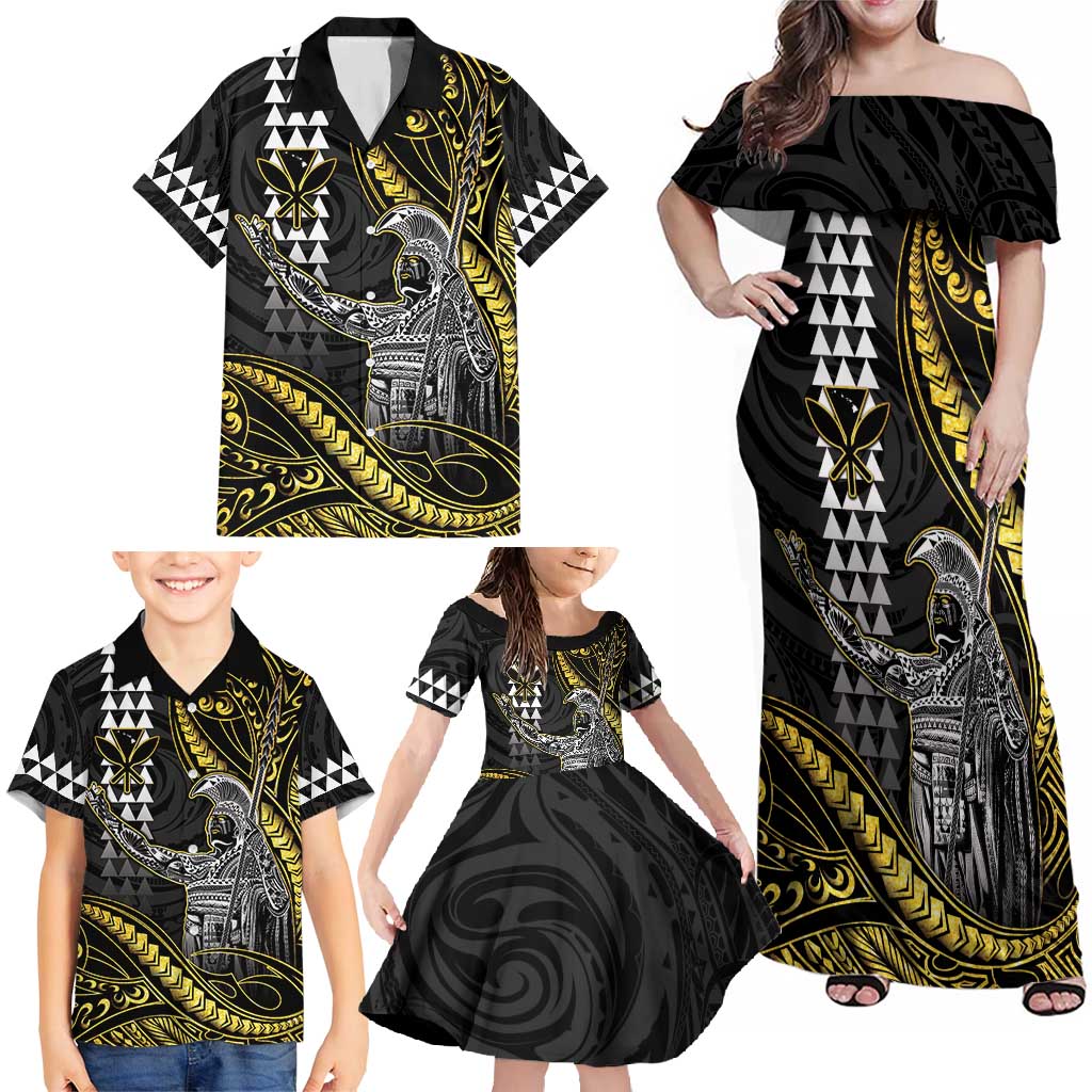 Hawaii King Kamehameha The Great Family Matching Off Shoulder Maxi Dress and Hawaiian Shirt Gold Tribal Tattoo LT05 - Polynesian Pride
