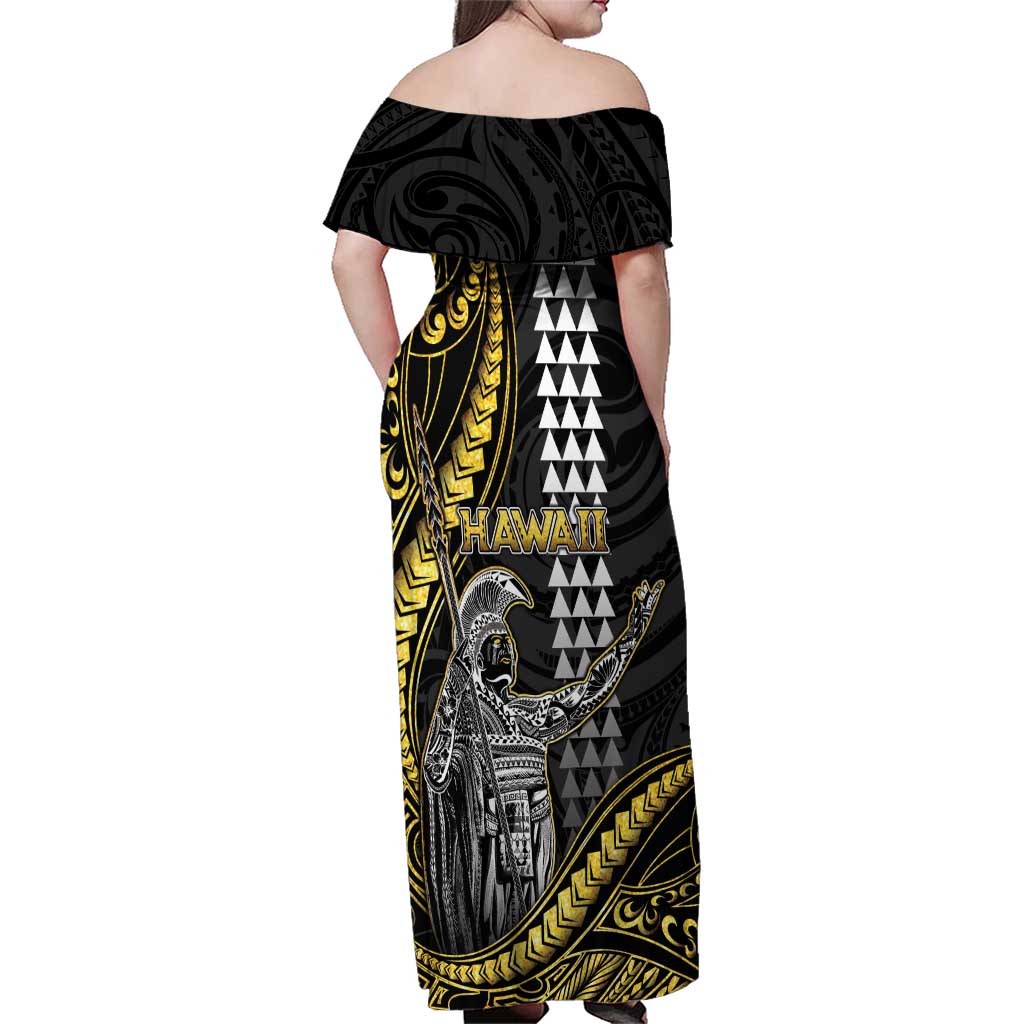 Hawaii King Kamehameha The Great Family Matching Off Shoulder Maxi Dress and Hawaiian Shirt Gold Tribal Tattoo LT05 - Polynesian Pride