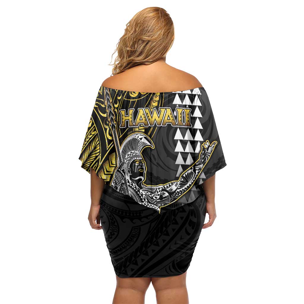 Hawaii King Kamehameha The Great Family Matching Off Shoulder Short Dress and Hawaiian Shirt Gold Tribal Tattoo LT05 - Polynesian Pride