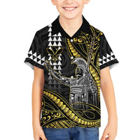 Hawaii King Kamehameha The Great Family Matching Off Shoulder Short Dress and Hawaiian Shirt Gold Tribal Tattoo LT05 Son's Shirt Gold - Polynesian Pride