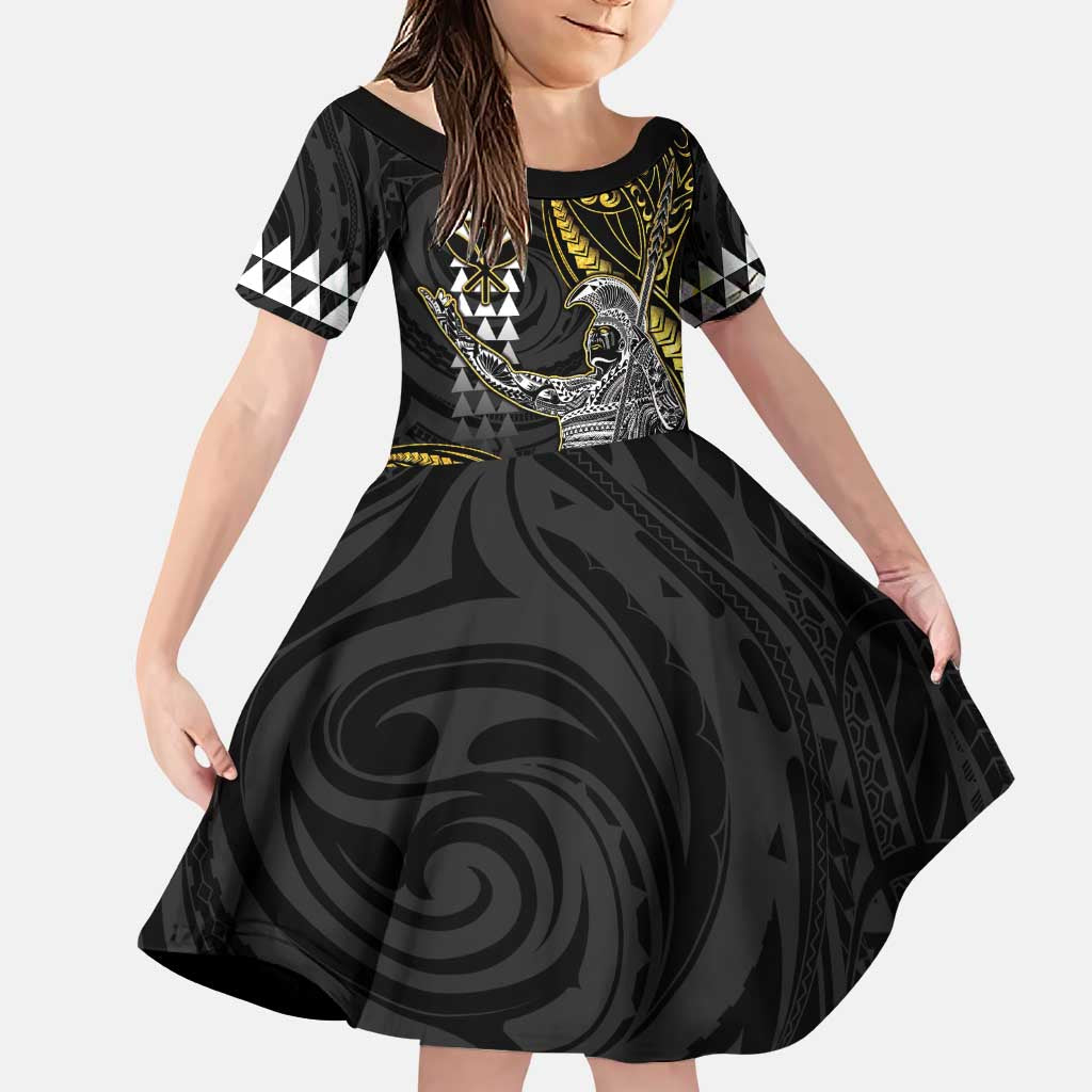 Hawaii King Kamehameha The Great Family Matching Puletasi and Hawaiian Shirt Gold Tribal Tattoo LT05 Daughter's Dress Gold - Polynesian Pride
