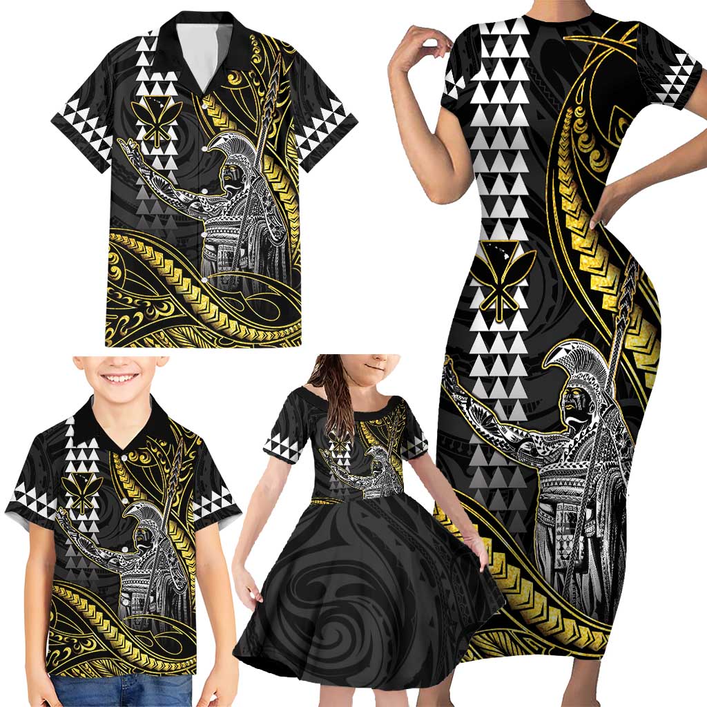 Hawaii King Kamehameha The Great Family Matching Short Sleeve Bodycon Dress and Hawaiian Shirt Gold Tribal Tattoo LT05 - Polynesian Pride