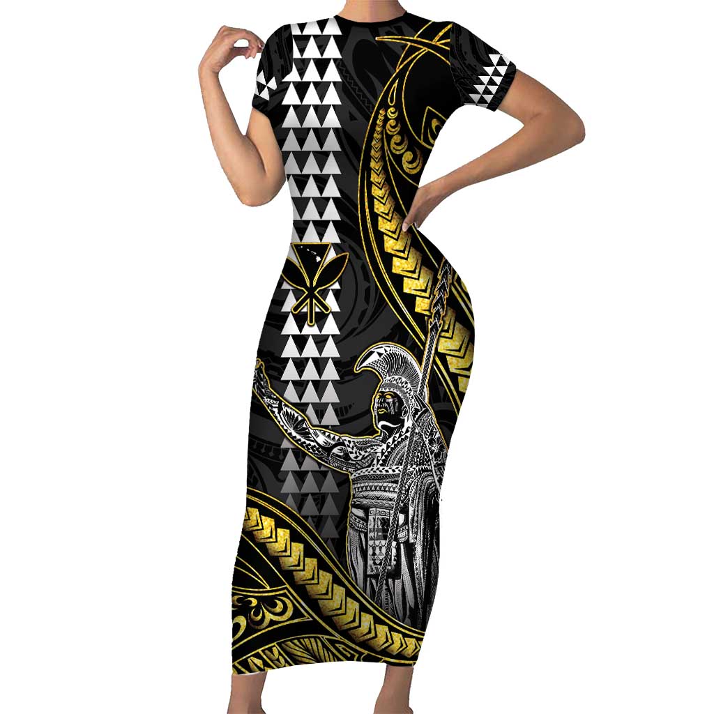 Hawaii King Kamehameha The Great Family Matching Short Sleeve Bodycon Dress and Hawaiian Shirt Gold Tribal Tattoo LT05 Mom's Dress Gold - Polynesian Pride